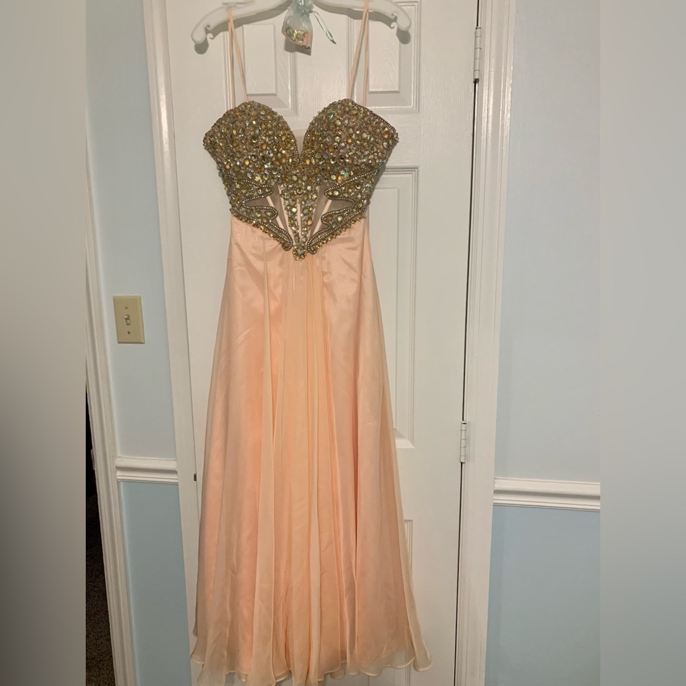 Strapless Peach Evening Gown with Beaded Gold Bodice